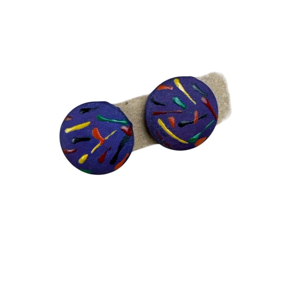 Vintage 80s Handmade Clip On Earrings Purple Abstract Round 1" Retro Art Deco